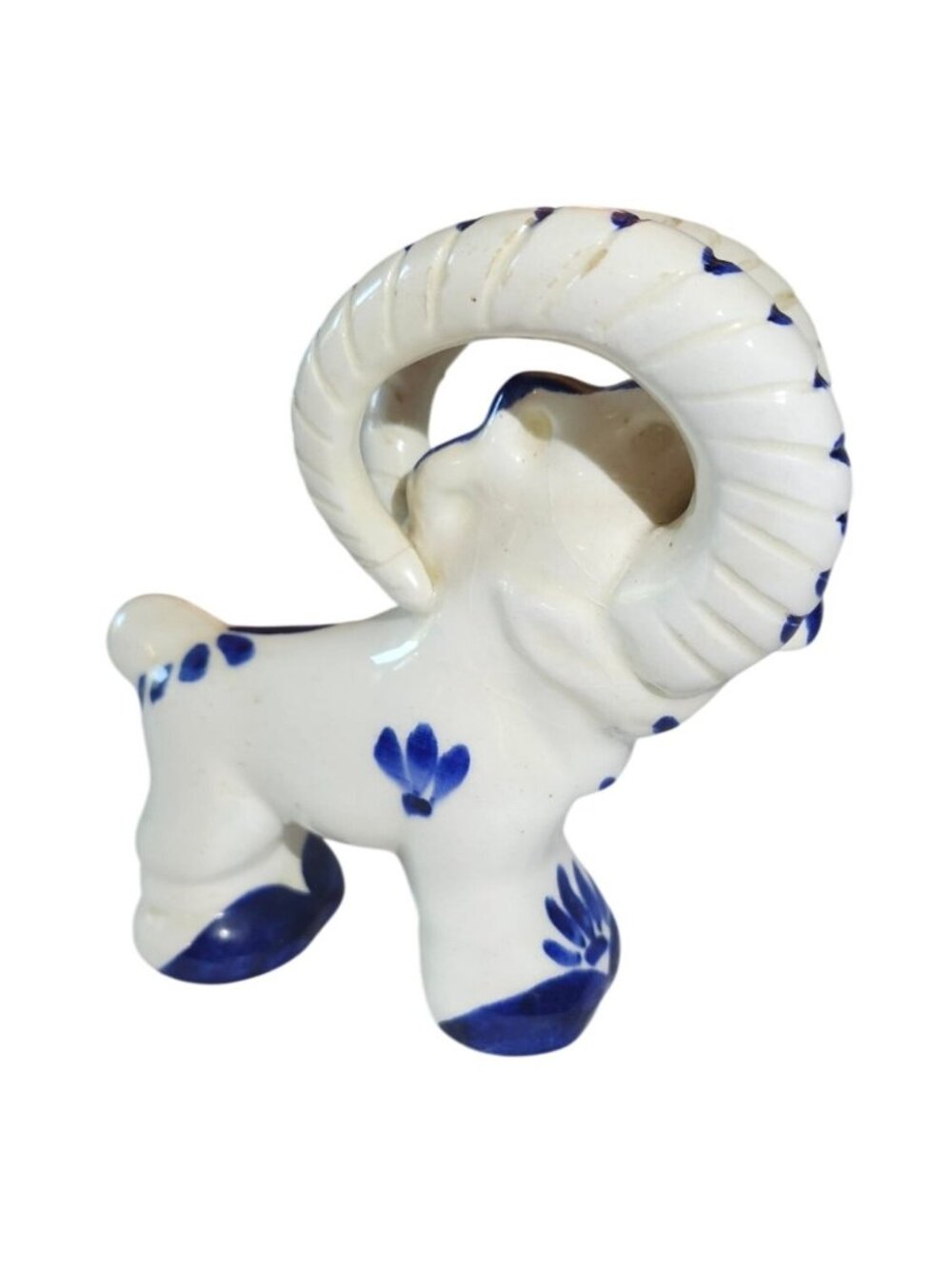 Vintage Mexican Ceramic Pottery Ram Blue &White Floral Design
